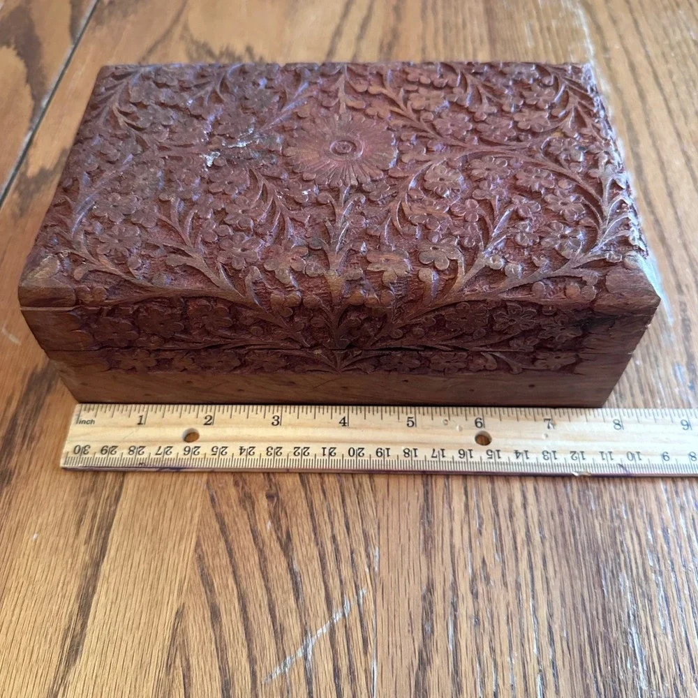 Hand Carved Wood Trinket Box Set 2pc Brown Floral Vine Decor